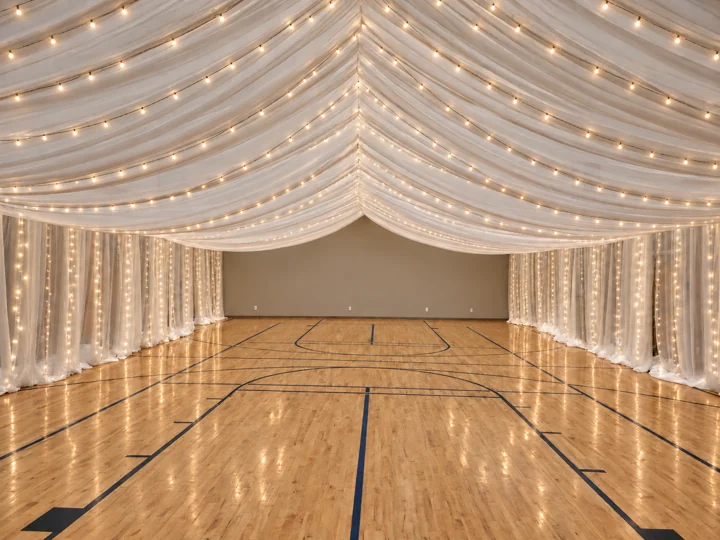Edited BSS room example with white overhead canopy and long side-wall draping, warm string lights, no accent swags and a bare undraped far end wall.