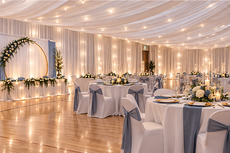 Wedding reception setup with blue chair covers, white draping, and round tables